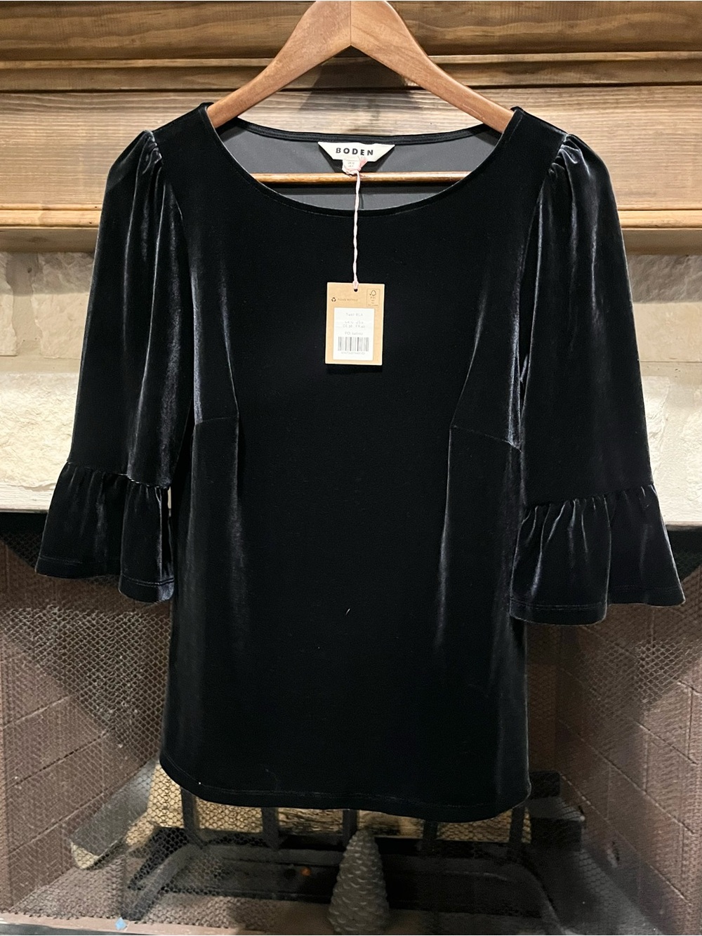 Boden Black Velvet Ruffle Cuff Sleeve Top Blouse Size 8/ M